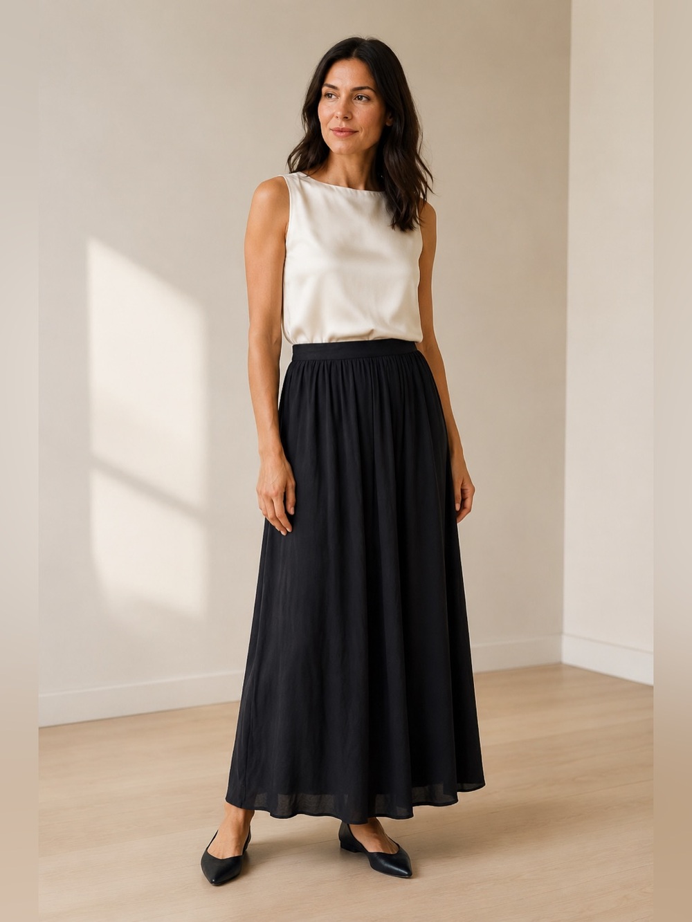 Eileen Fisher 100% Silk Black Pleated Maxi Skirt Size S